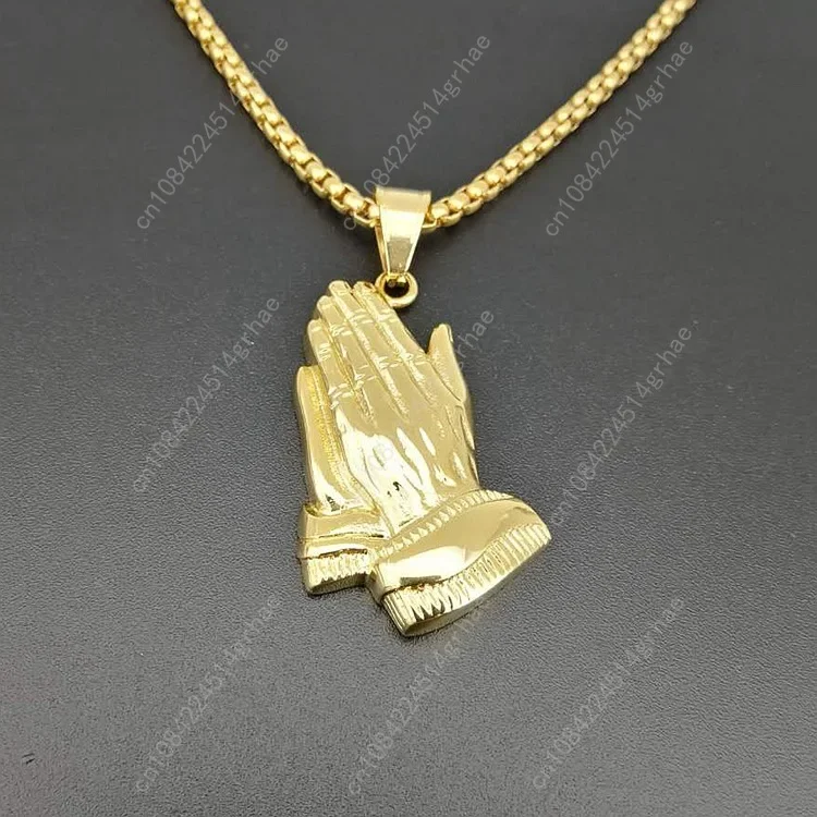 สร้อยคอจี้สแตนเลสสตีลรูปมืออธิษฐานประดับเพชรแบบฮิปฮอป สีทอง สร้อยคอพระเยซูขนาดใหญ่