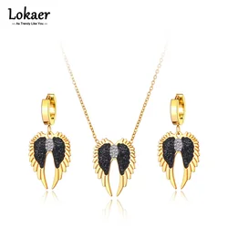 Lokaer Titanium Stainless Steel Double Wings Charm Necklace Fashion Bohemia CZ Crystal Earrings Jewelry Sets For Women SE136