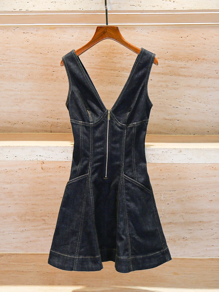 

V-Ne Retro Sle Denim Vest Dr Waist-Cinching High Waist ort Skirt No-Sve Summer Dr for Young Women 25-29 Years Old