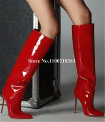 Shining Mirror Patent Leather Knee High Boots Sexy Pointed Toe Red Purple Pink Stiletto Heel Long Boots Club Party Dress Heels