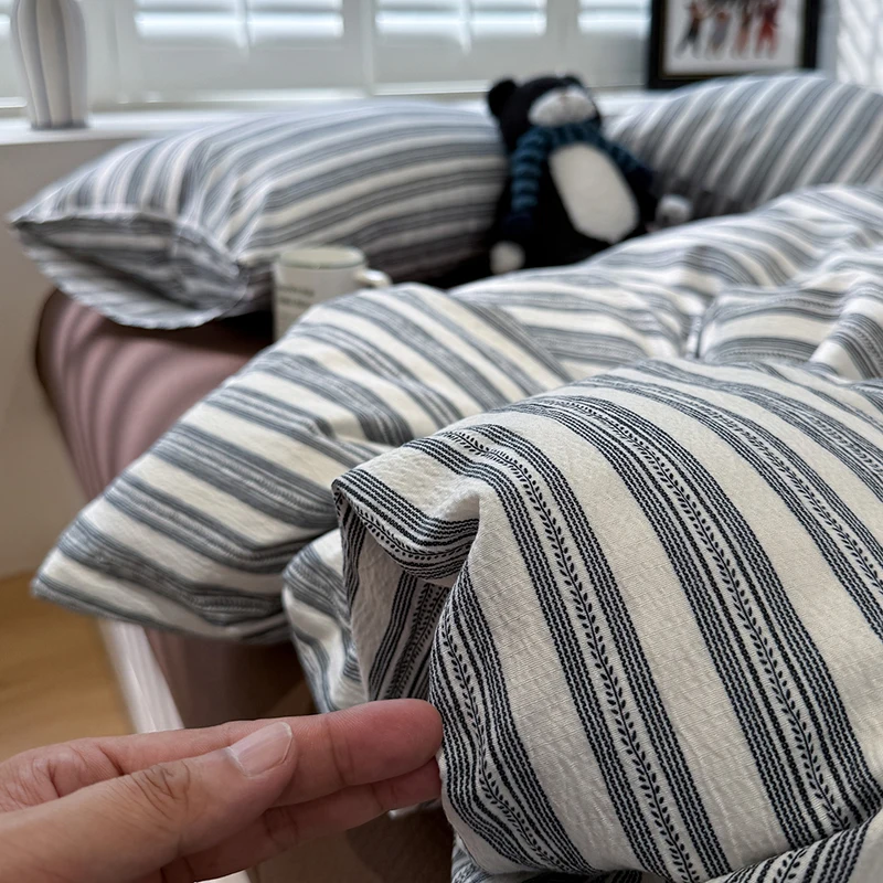 Striped 100% Washed Cotton Bedding Comforter Set with Pillowcase Bed Sheet Single Double Size Bed Linen Bedsheet Duvet Cover Set