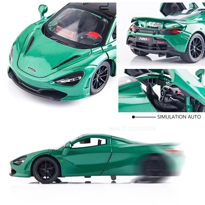 1:32 Senna 720S Sports Car Toy Models Alloy Diecast Mini Supercars Sound Light Pull Back Doors Opened Racing Vehicles Kids Gifts