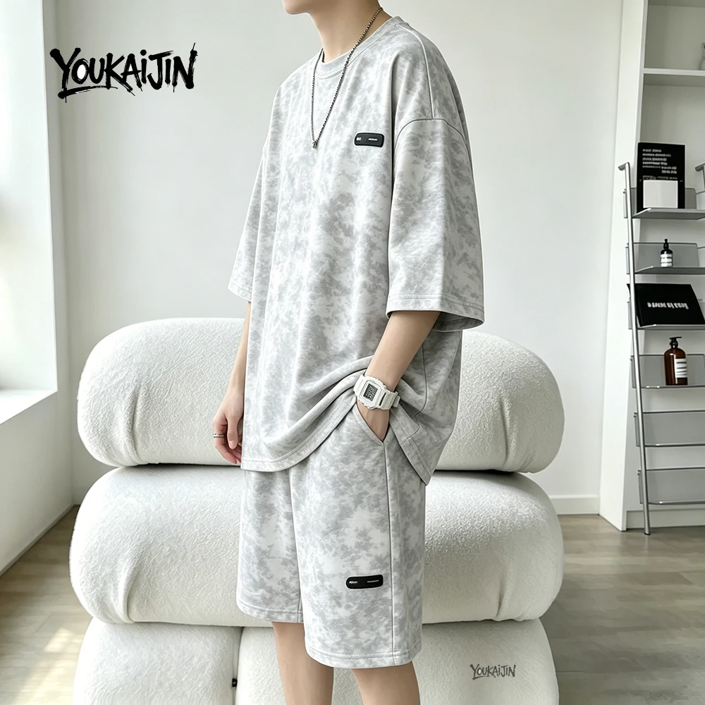 7XL 8XL Tie Dye T Shirt and Shorts Set Men White Casual Streetwear Co Ord Set Men Summer Loose Sportswear 2 Piece Outfit Men - Image 2