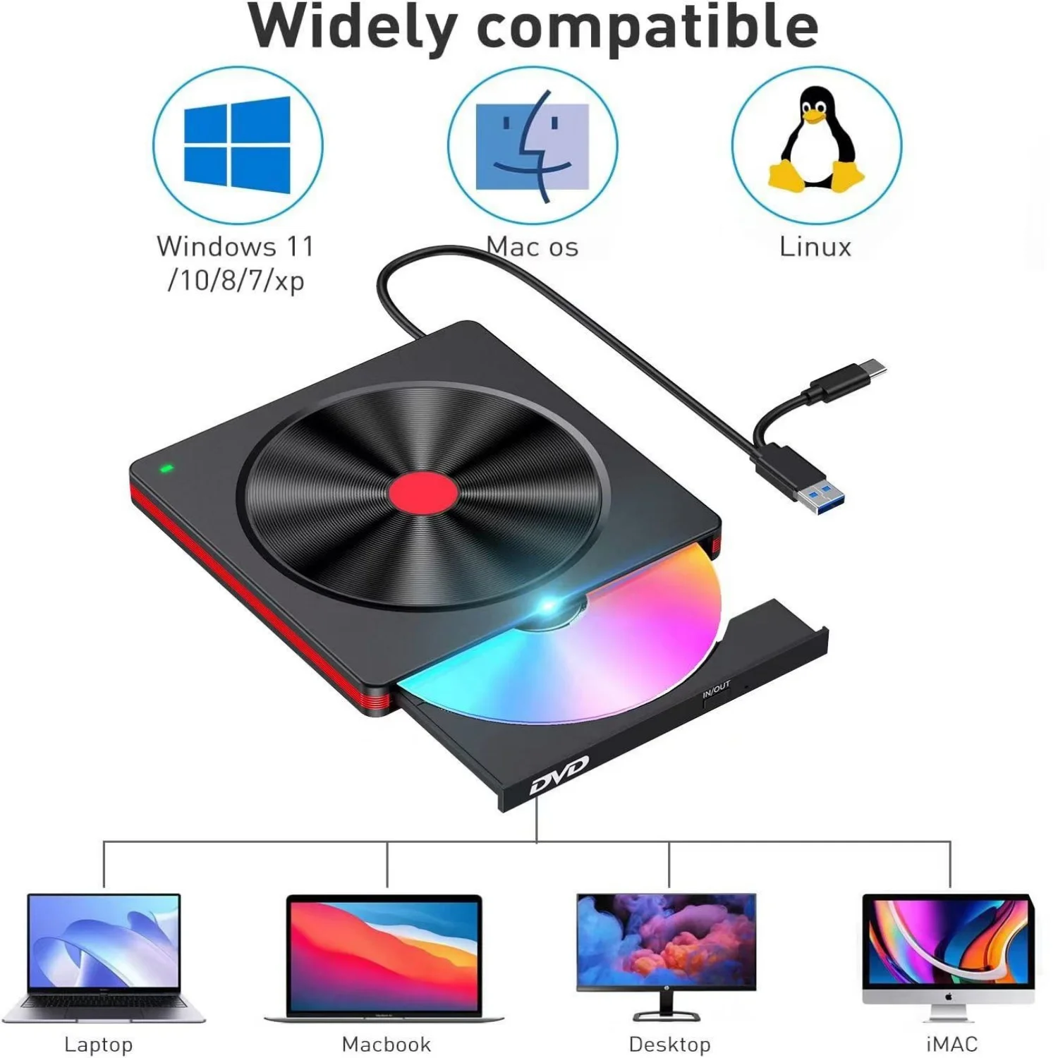 Externes CD/DVD-Laufwerk, USB 3.0 CD DVD +/-RW-Brenner CD ROM Externes DVD-Laufwerk CD-Leser DVD-Player für PC Laptop Desktop – Detail 2