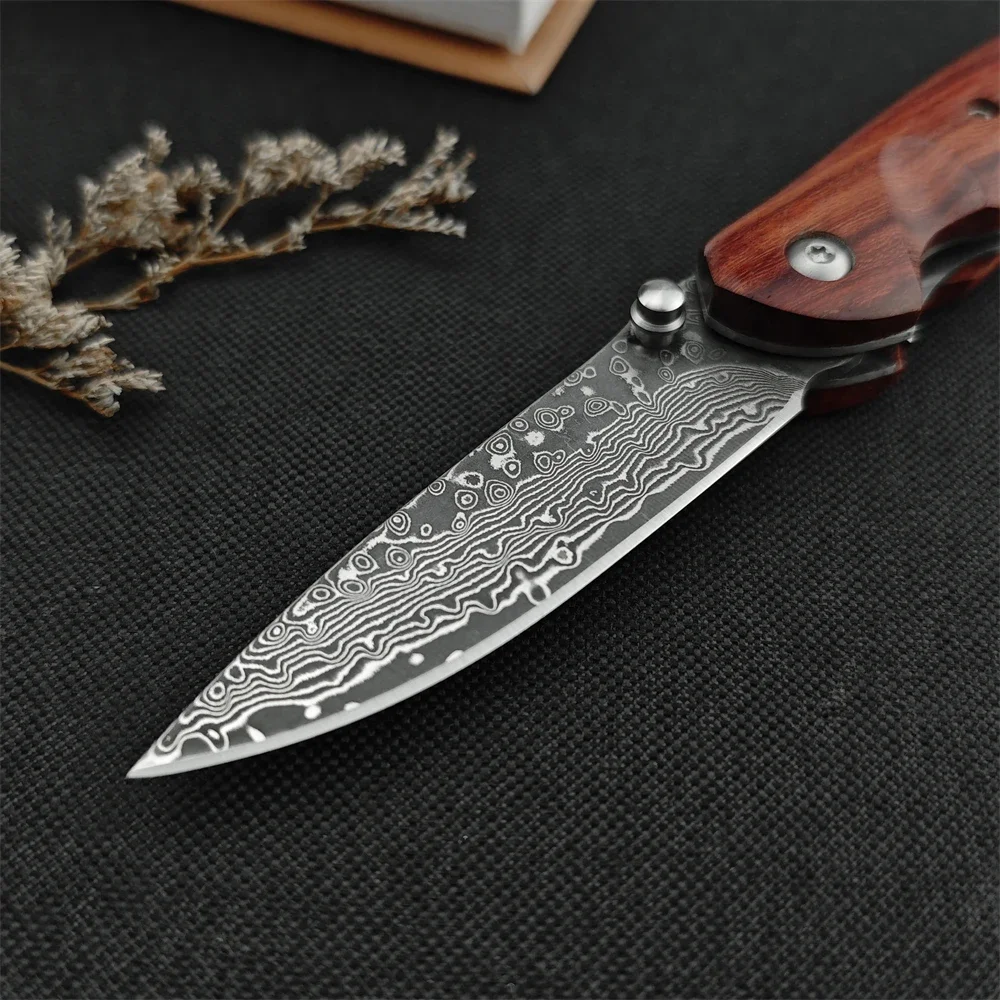 Top Selling Damascus Steel Blade Folding Pocket Knife Red Wood Handle Knife Outdoor EDC Survival Camping Hiking Hunting Tool