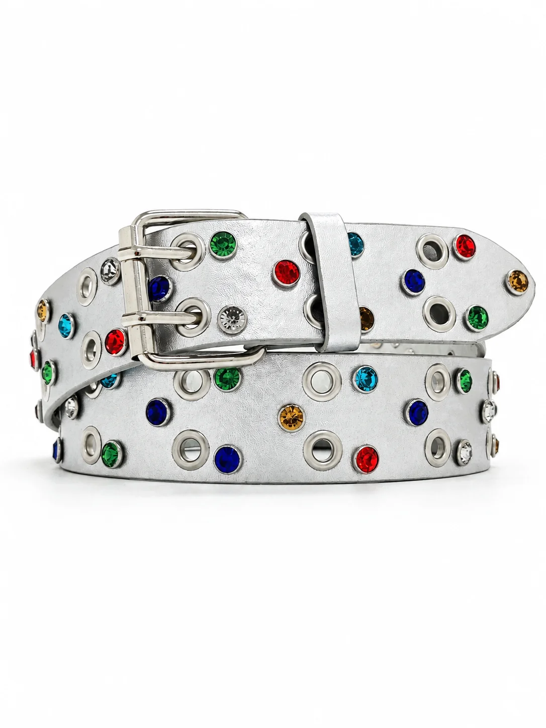 Silver Crystal Studded Belt, Colorful Rhinestone Eyelet Belt with Vintage Metal Buckle, Streetwear Fashion Waist Belt