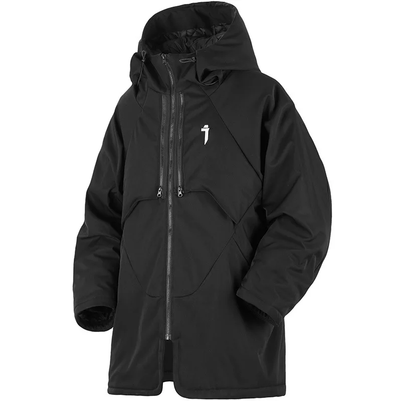 Pfnw indústria pesada 2024 inverno novo preto oversized com capuz jaqueta de algodão masculino solto casual techwear algodão-acolchoado casaco