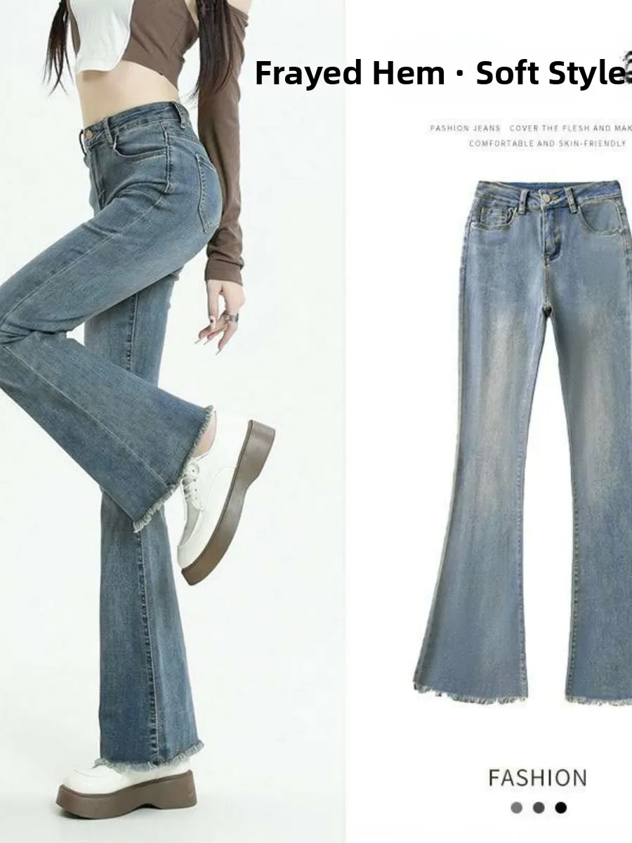 

High Waist Bell Bot Jeans Women's Slim Fit Retro Elastic Frayed Ankle Long Pants Faionable Trousers for Petite Ladies