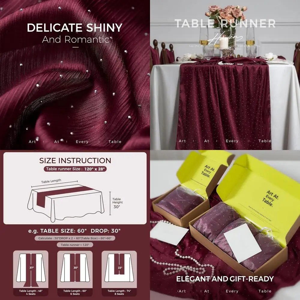 

Elegant 10FT Burgundy Table Runner with Hot-Fix Rhinestones, Perfect for Weddings, Christmas, Baby Showers, and Home Decor (Set