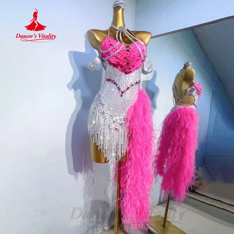 Latin Dance Dress for Women Customized High-end Luxury Rhinestone Feather Tassel Dresses Rumba Tango Samba Performance Costumes