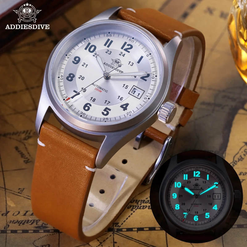 

ADDIESDIVE Business NH35 Sapphire Mens Automatic Watches Vintage Leather Super Luminous Wristwatch 20Bar Diving Mechanical Watch