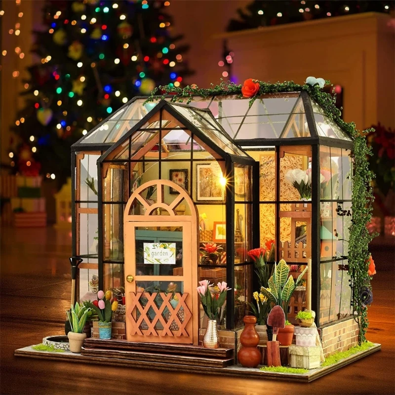 DIY Puppenhaus Miniatur mit Möbeln Holz Green House Kits Raumdekorationen Bastelgeschenk für Teenager Erwachsene Frauen Männer