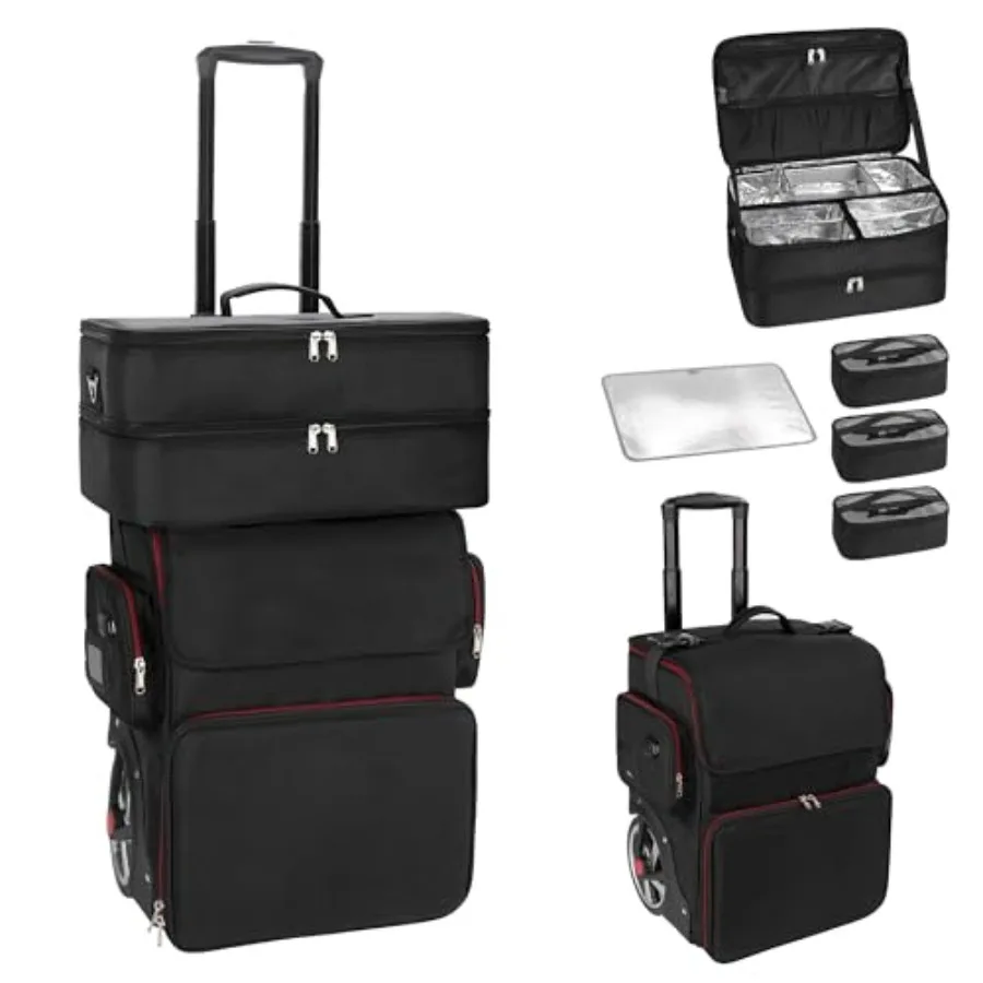 

Rolling Makeup Train Case for Travel Professional Use, Clear PVC Bags, Black, Extra Large Storage with Wheels 7 Compartments