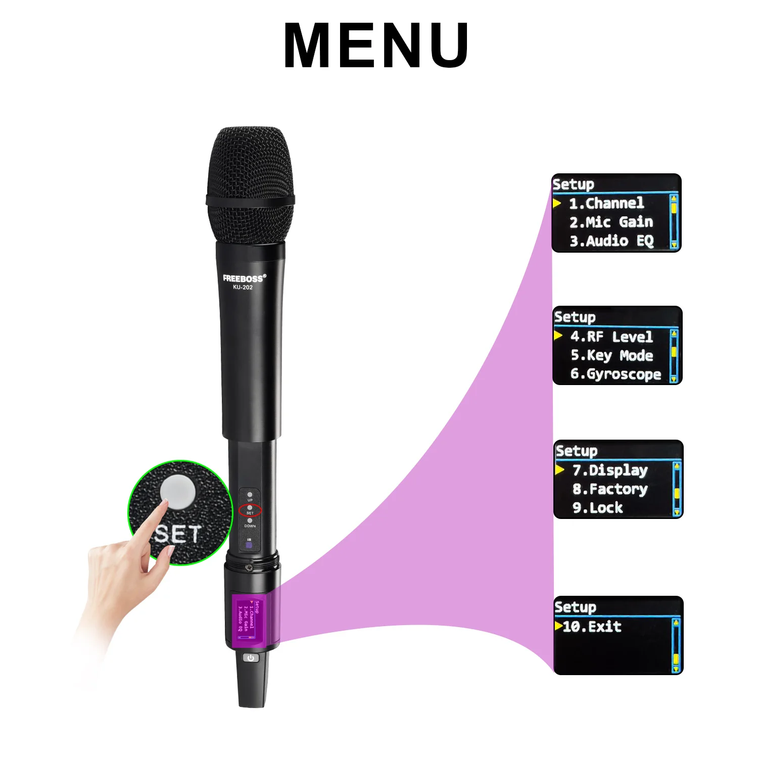 FREEBOSS microfono Karaoke Wireless TFT ricaricabile 2 palmare UHF 2*100 punti scansione a frequenza a infrarossi microfono dinamico KU-202