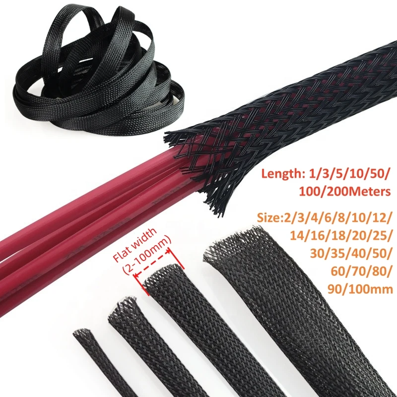 PET Elastic Woven Wire Cable Sleeve 1/3/5/100M Insulated Braided Sleeving Data Line Protection Flame-Retardant Cable Organizer