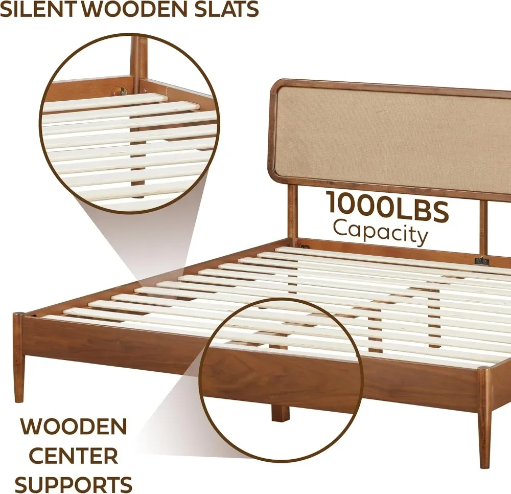 Cadre de lit en bois avec planche de sauna, fabriqué à partir d'une brochure, bois de caoutchouc avec lamelles silencieuses et supports centraux en bois, capacité de 1000 lb