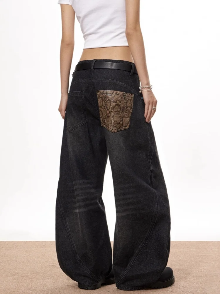 2025 الأمريكية الرجعية Y2K نمط الأفعى نمط المرقعة فضفاض المرأة الجينز السراويل للمرأة الملابس القطن فضفاض سراويل طويلة