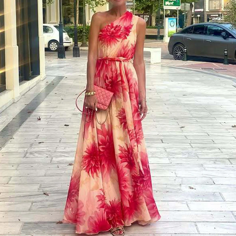 Sexy ombro inclinado grande balanço vestido longo feminino elegante padrão impressão rendas vestido de festa casual sem mangas plissado bohe vestido