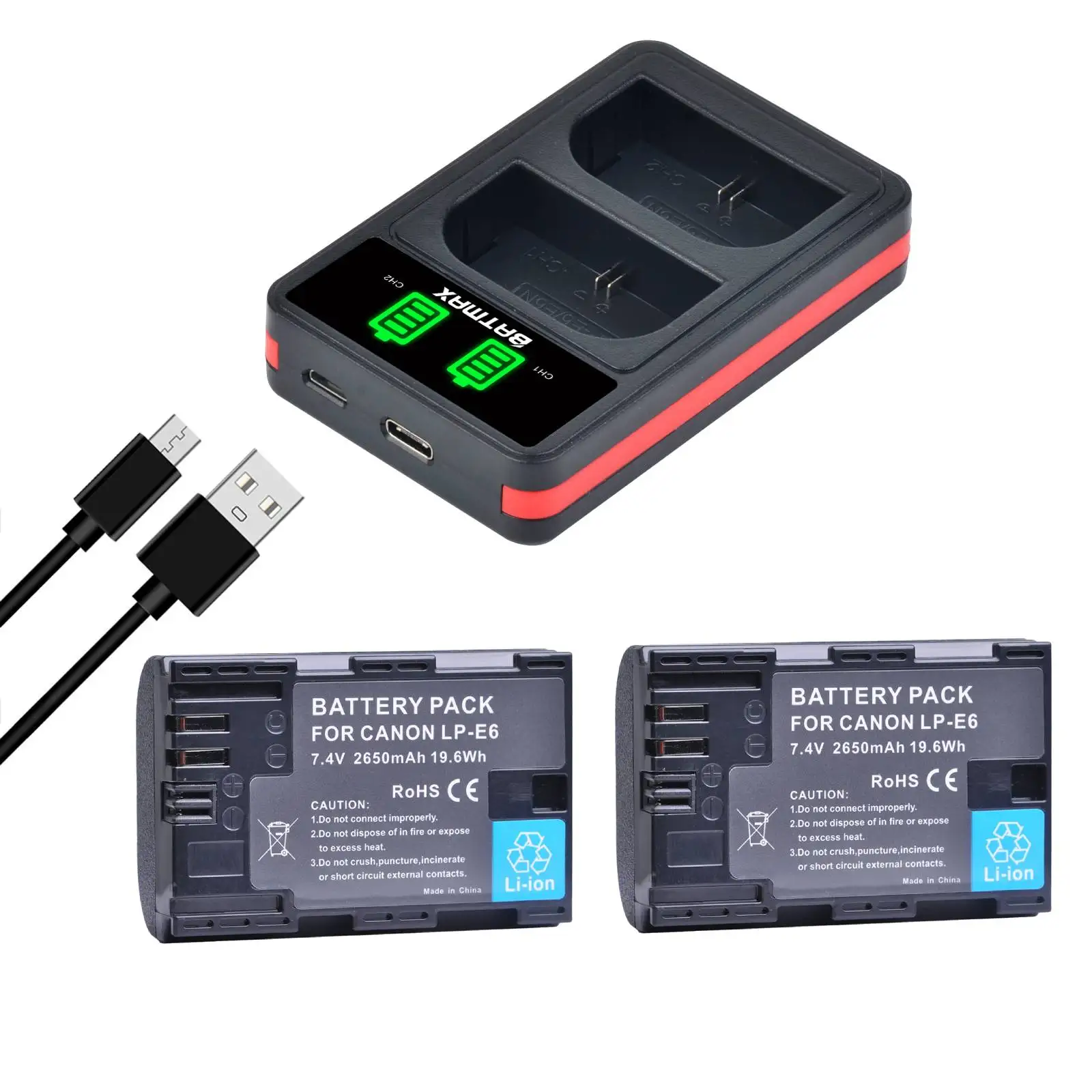 Batmax LP-E6 2650mAh Battery+LED Dual Charger for Canon R5,R5C,R6,R7,RP,5D Mark II III 5DS 6D 7D 60D 70D 80D 90D