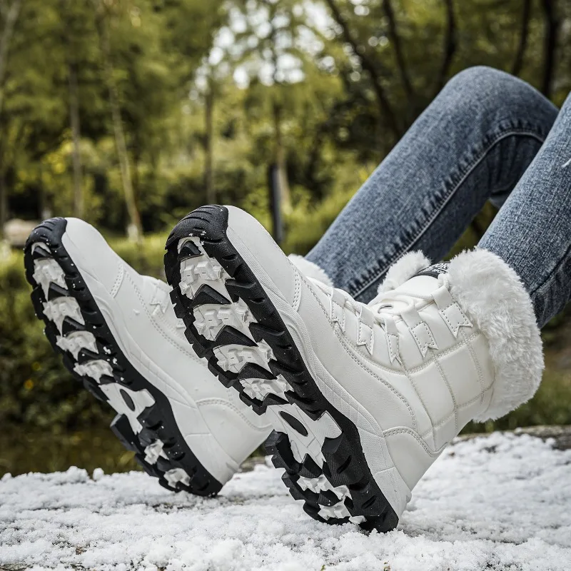 Women Winter Snow Boots Warm Furry Fur Lined Mid‑calf Boots Waterproof Non‑Slip Thick Sole Lace‑up Outdoor Cold Weather Shoes