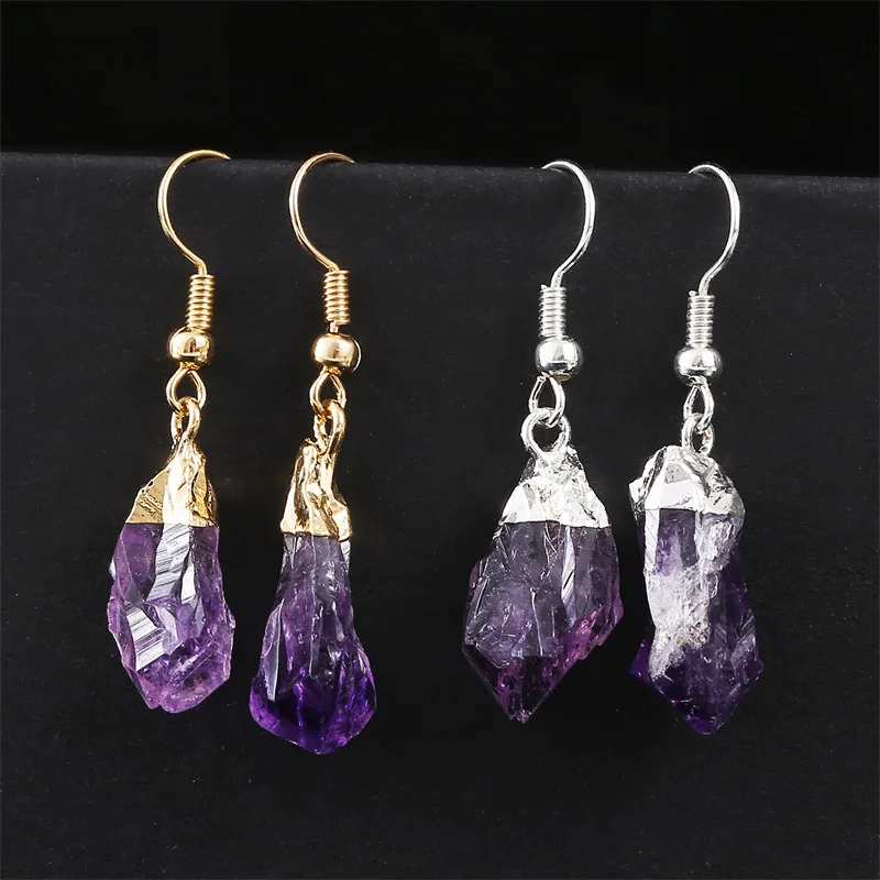 أقراط الجمشت الطبيعية، حلق مطلي بالحجر الخام والجمشت العشوائي مجوهرات أمازون الأكثر مبيعًا عبر الحدود الأوروبية