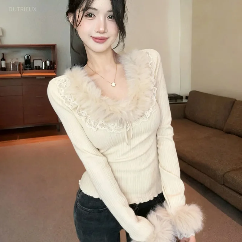 Lace Spliced Women's T-shirts Fur Collar Ropa mujer Long Sleeve Roupas Feminina Autumn New Bottoming Women T Shirts Clothes