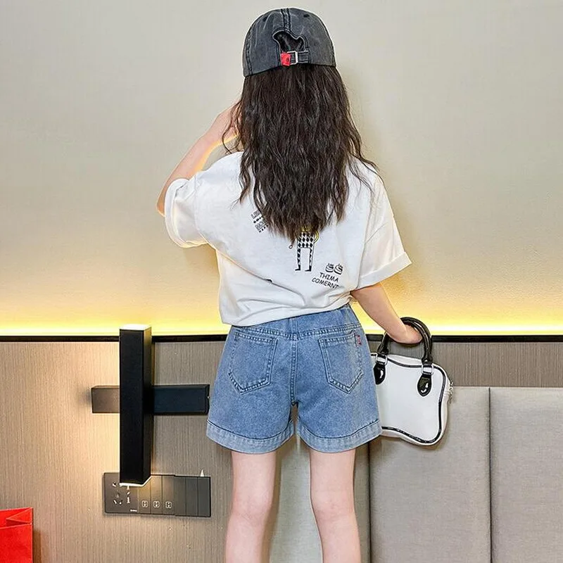 2024 Hot Summer Kids Girls Shorts Fashion Beauty Cute 9 11 13 14Years Children Pearl Heart Jeans Shorts Teen Denim Tassel Shorts