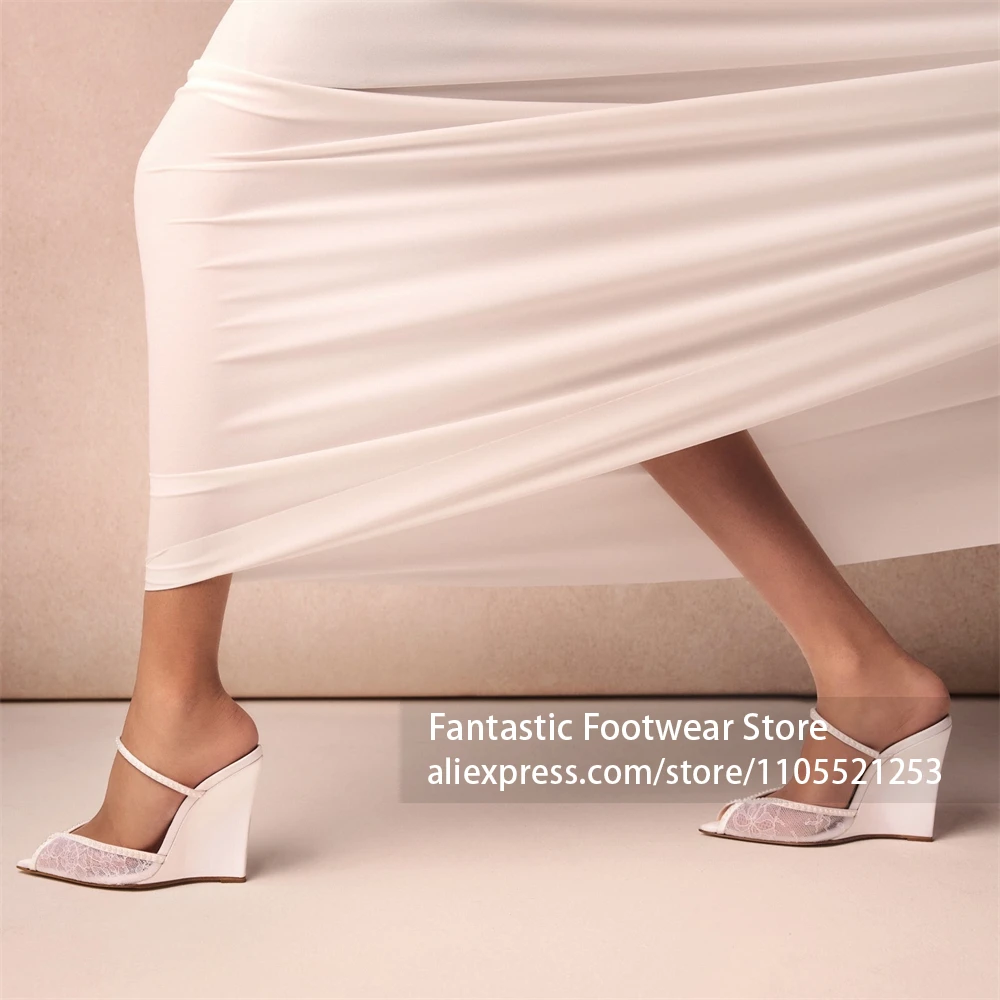 Lace Peep Toe Wedge Mules Pearl Embellished High Heel Slippers Elegant Bridal Wedding Shoes Handmade Dress Footwear for Summer view 4