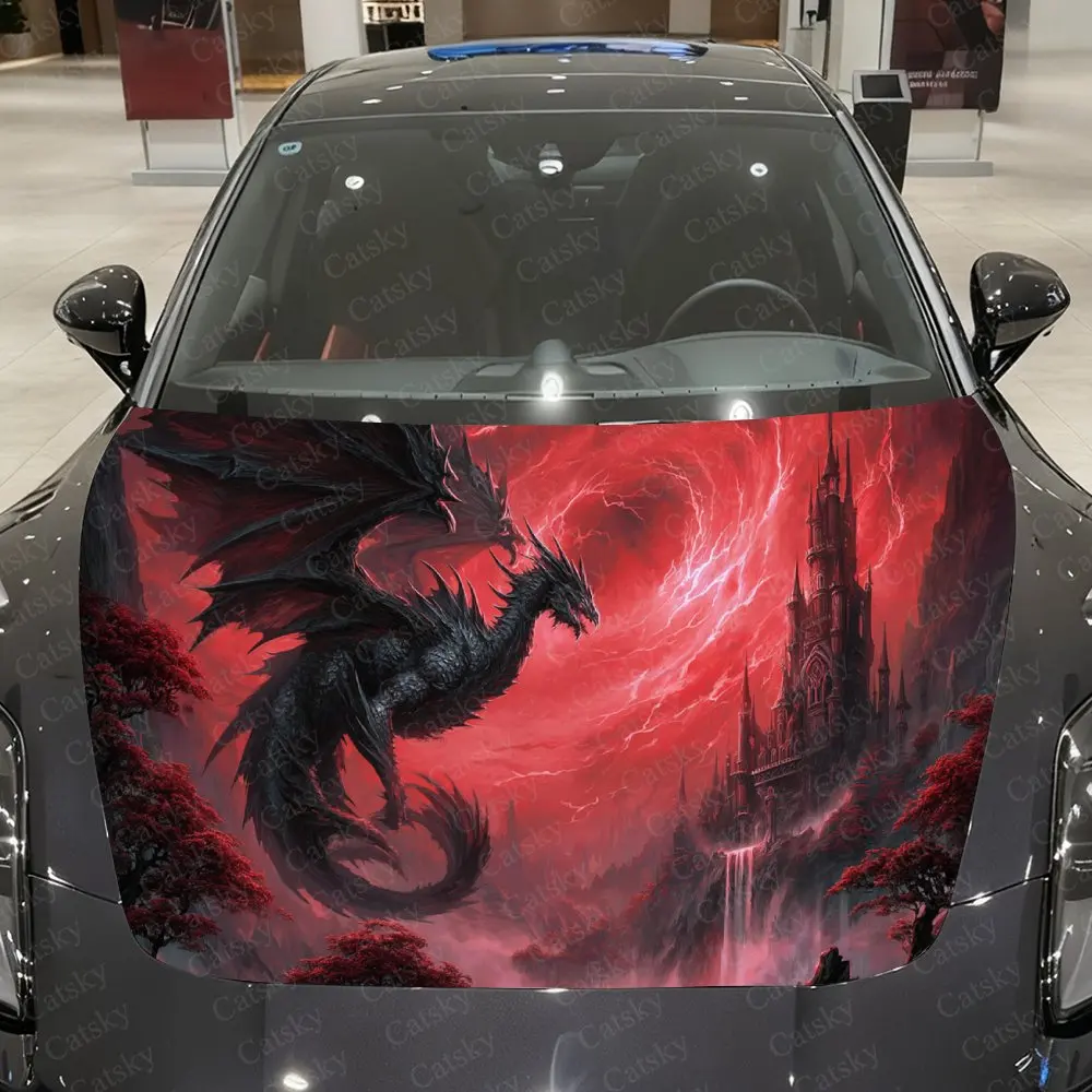 Crimson Lightning Nether Dragon Car Vinyl Wrap, PVC Waterproof Car Hood Sticker, Self-Adhesive Scratch-Resistant Stickers
