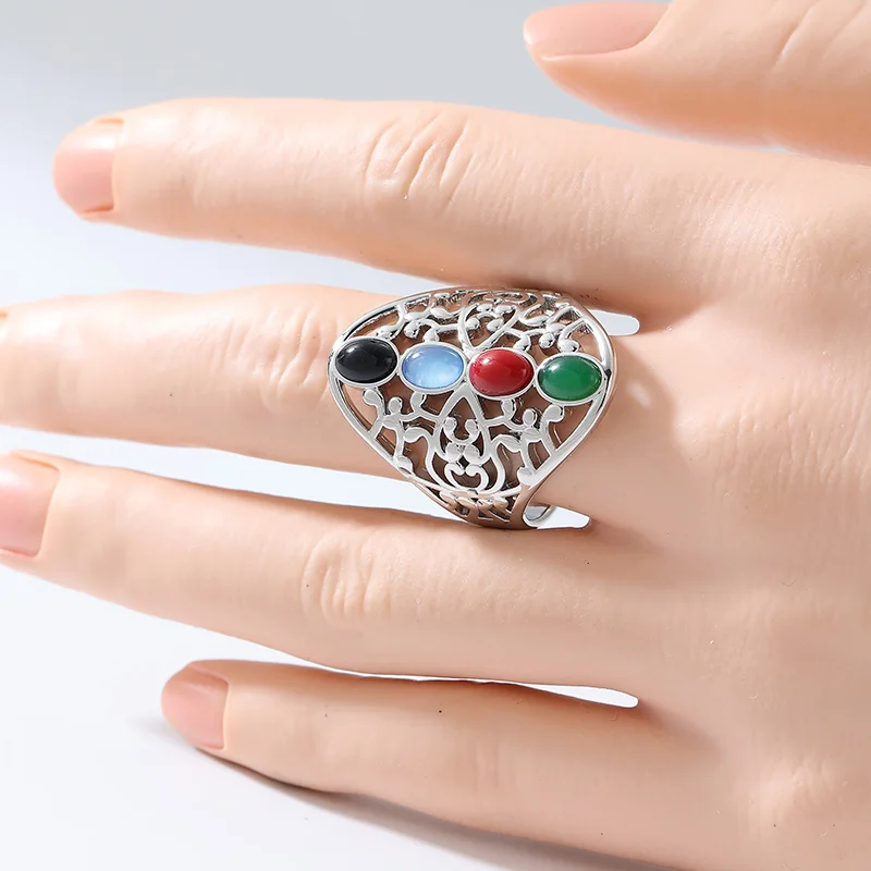 Ethnic Style Inlaid Colored Synthetic Stone Women's Hollowed Textured Ring Vintage Elegant Festival Vacation Jewelry Accessories