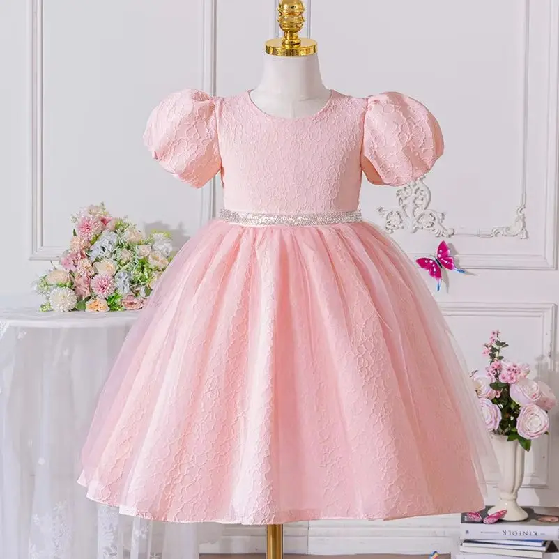 

Новое платье принцессы для девочек, летнее розовое детское платье трапециевидной формы с пышными рукавами, очаровательное милое модное повседневное праздничное платье для детей 1-6 лет