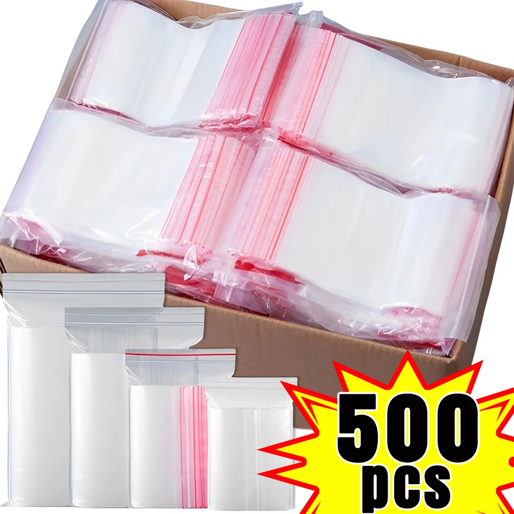 100-500Pcs Transparent Zipper Sealed Bags Multi-sizes Plastic Storage Bag For Small Jewelry Kitchen Food Packing Sealing Pouch