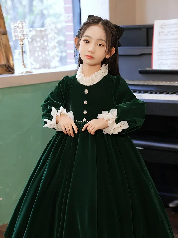 elegant Long Dark Green Child Princess Ball Gown Velvet Flower Girls Wedding Dresses for Baby Teens Prom Formal Party Clothes