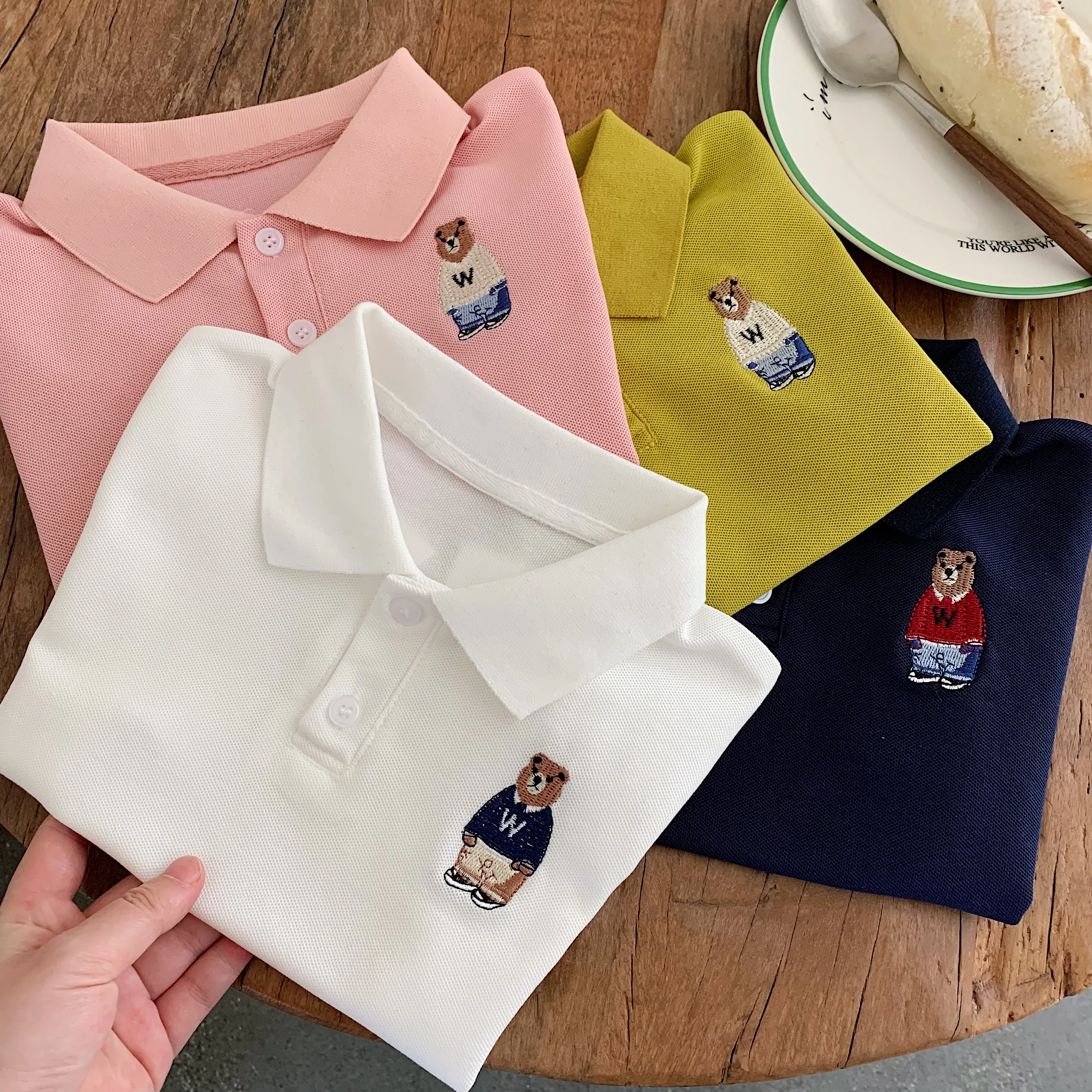 Children's Summer Polo Shirt Cartoon Bear Print Baby Collar Short Sleeve Unisex Kids' Fashion Top for Boys And Girls