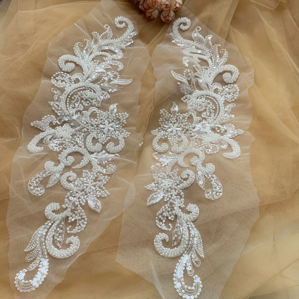 39,5*11cm Muster eingelegt mit Pailletten und Spitzenspiegelblumen, handgenähte DIY-Hochzeitskleid-Bekleidungsapplikation