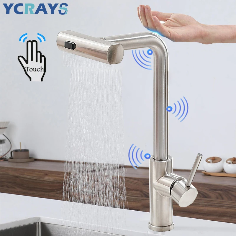 YCRAYS Smart Touch Control 3 modalità rubinetto da cucina gru a cascata nera sensore di nichel spazzolato miscelatore estraibile rubinetto