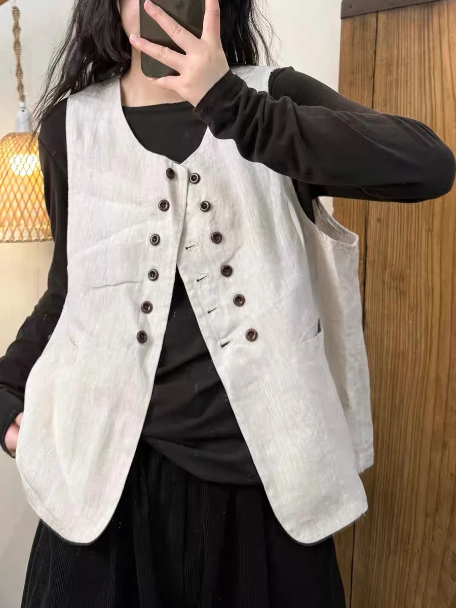 เสื้อกั๊กผ้าลินินทรงหลวมแบบมีสไตล์ ติดกระดุมสองแถว ดีไซน์ซ้อนชั้นลำลอง พร้อมแผ่นเสริมไหล่ สำหรับฤดูร้อน แฟชั่นไซส์พลัสสำหรับผู้หญิง