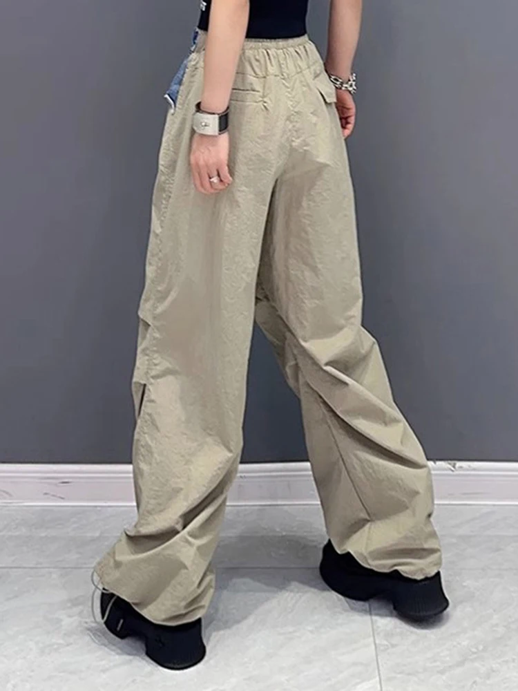 [EAM] High Elastic Waist Black Denim Color-block Long Cargo Pants New Trousers Women Fashion Tide Spring Autumn 2024 1DH4616