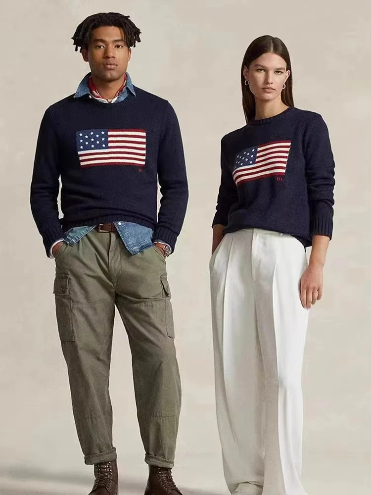 Spring Autumn New Men's Knit Pullover Y2K Vintage Casual Embroidery America Flag Crew Neck Women's Knit Sweater Pullover