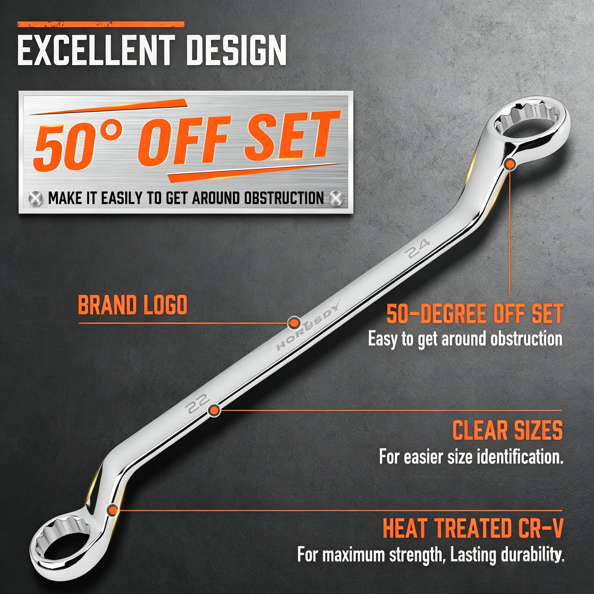 HORUSDY 9Pcs 50-Degree Offset Box Wrench Set, Metric 6-24mm CR-V Steel Heavy Duty with Rolling Pouch for Auto Repair