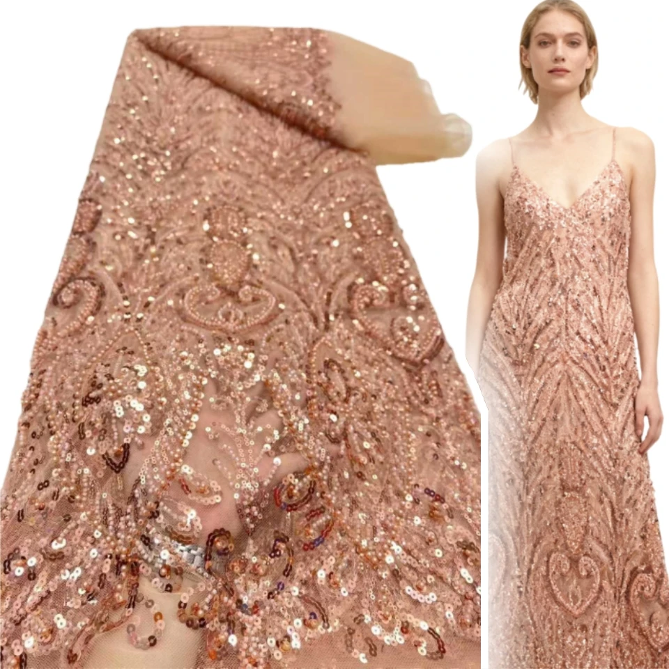 Luxury 13 Colors High Quality Beads French Tulle Net Sequins Lace Fabric African 5 Yards for Women Wedding Party Dress SZ1772