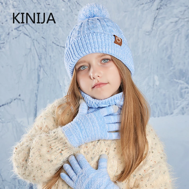 3pc Kids Winter Hat Scarf Gloves Set Unisex Children Beanie Cap Knitted Scarf Cap Ear Protection Fleece Warm Hat Boys Girl