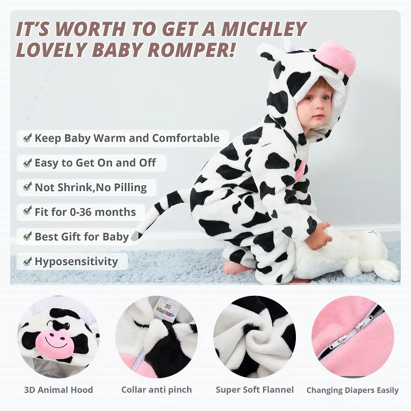 MICHLEY Halloween Winter Baby Rompers Hooded Flannel Toddler Infant Clothes Overall Bodysuits Jumpsuit Costume For Kids Girl Boy