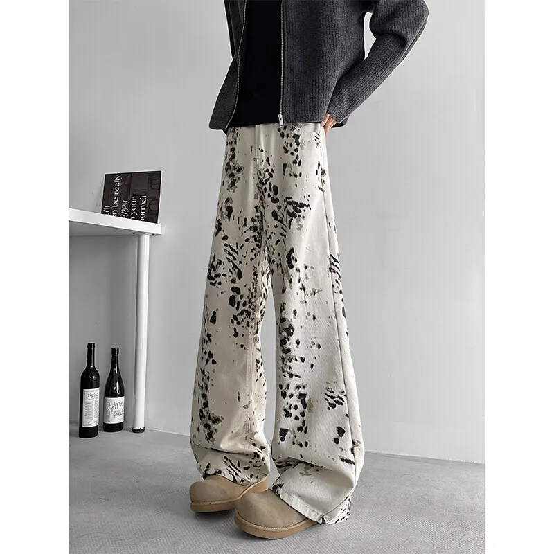 

Baggy Beige Jeans Men Fashion Retro Leopard Print Jeans Men Streetwear Hip-hop Loose Wide Leg Jeans Mens Vintage Denim Pants