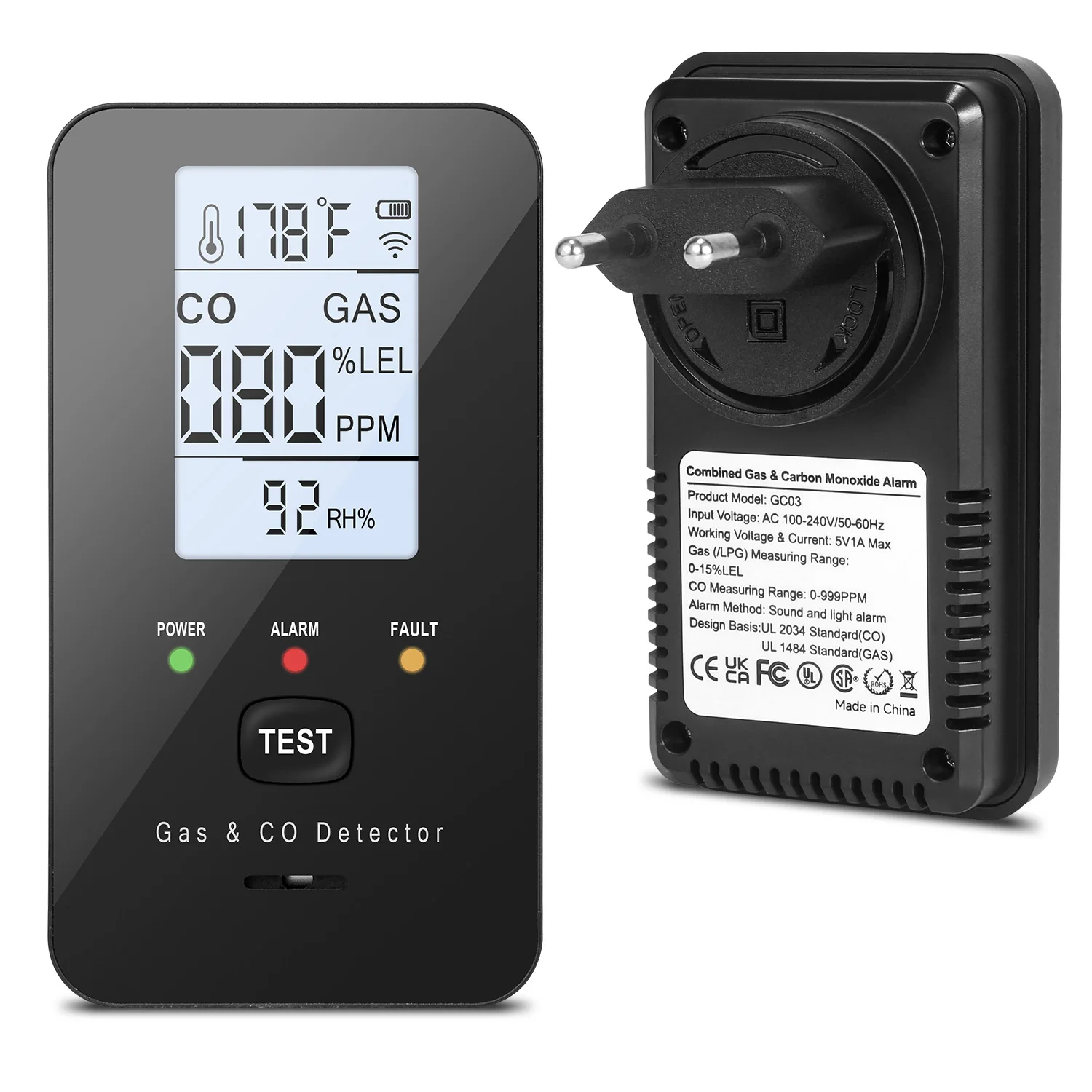Combination Natural Gas Detector & Carbon Monoxide Detector, 4-in-1 Carbon Monoxide Alarm,Propane,Methane for Home,RV,Apartment