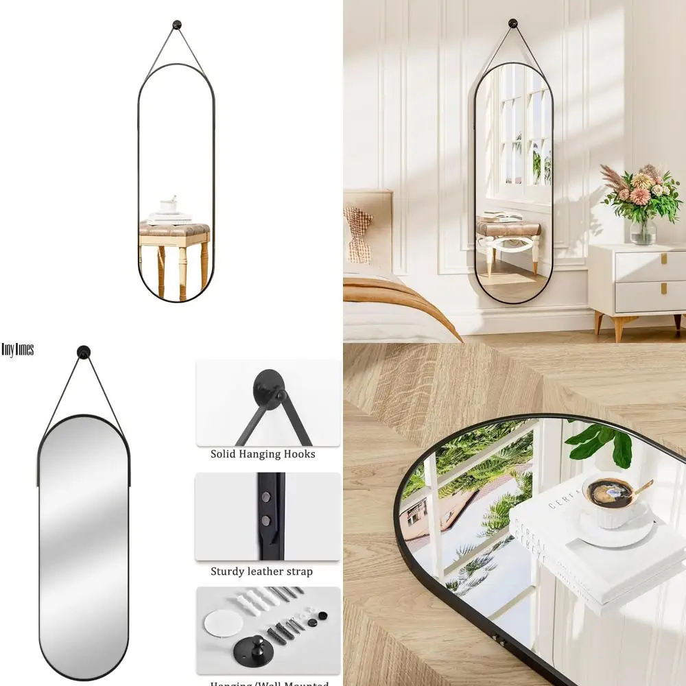 

Oval Wall-Mounted Leather Strap Mirror, Full-Length for Home Décor in Black