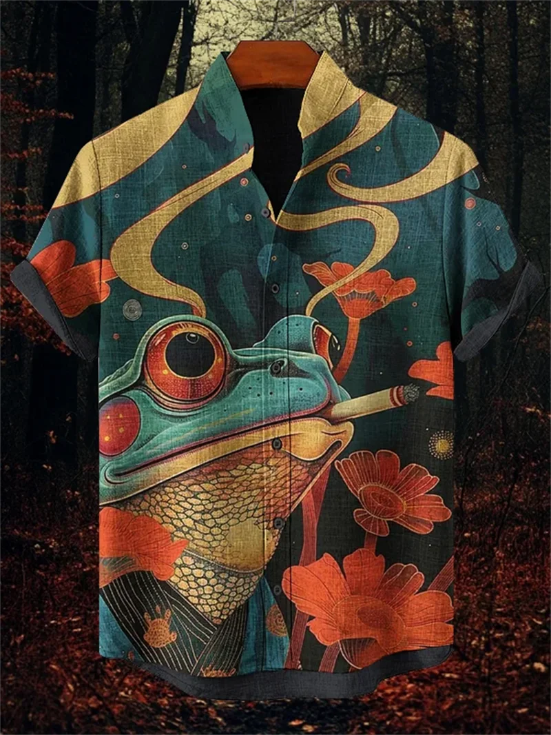 Men's new summer comfortable linen short sleeved shirt 3D cat print mountain peak pattern button short sleeved top