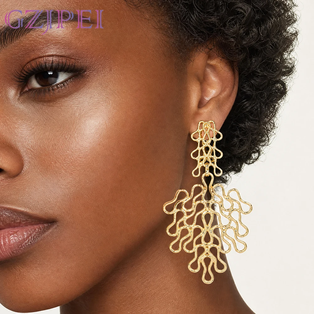 GZJPEI Oversized Hollow Wave Line Dangle Earrings For Women 18K Gold Plated Abstract Filigree Drop Earring Bohemian Ear Jewelry