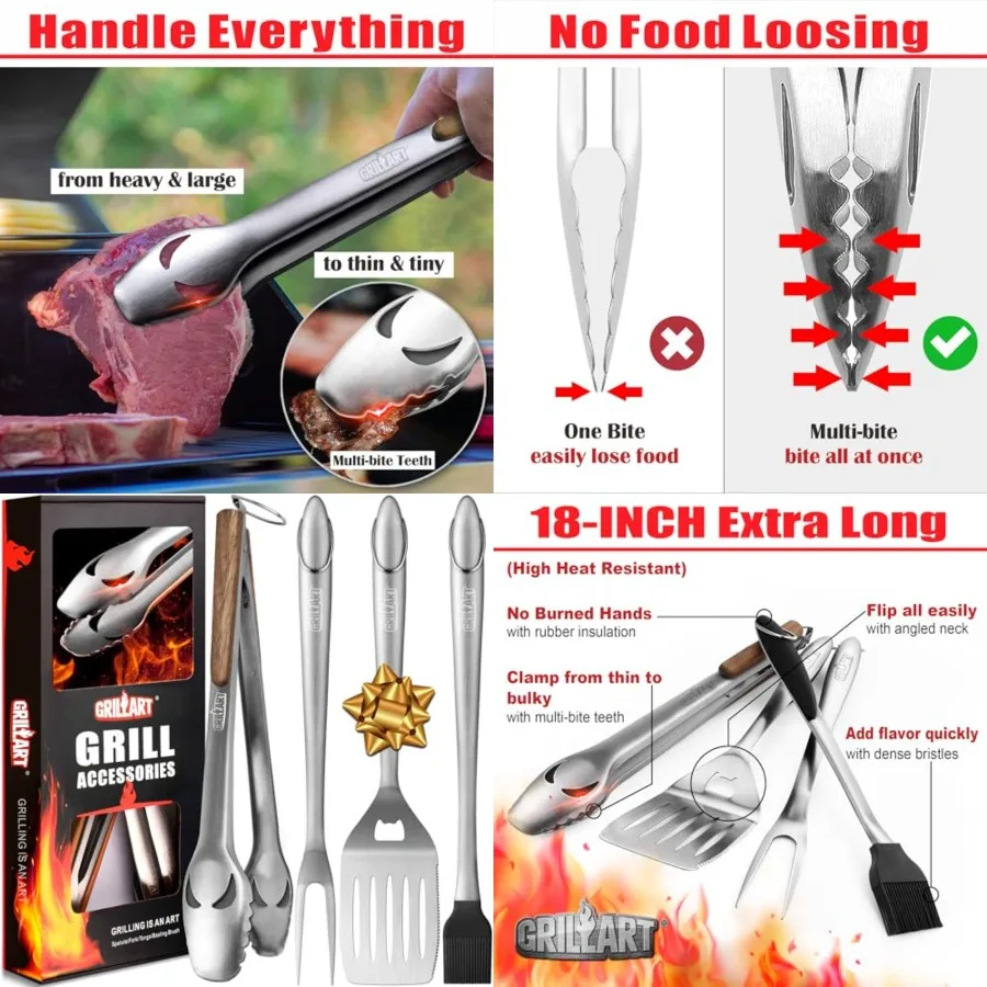

BBQ Tools Grill Tools Set -18Inch Grilling Tools BBQ Set - Grill Accessories w/BBQ Tongs, Spatula, Fork, Brush- Stainless Grill