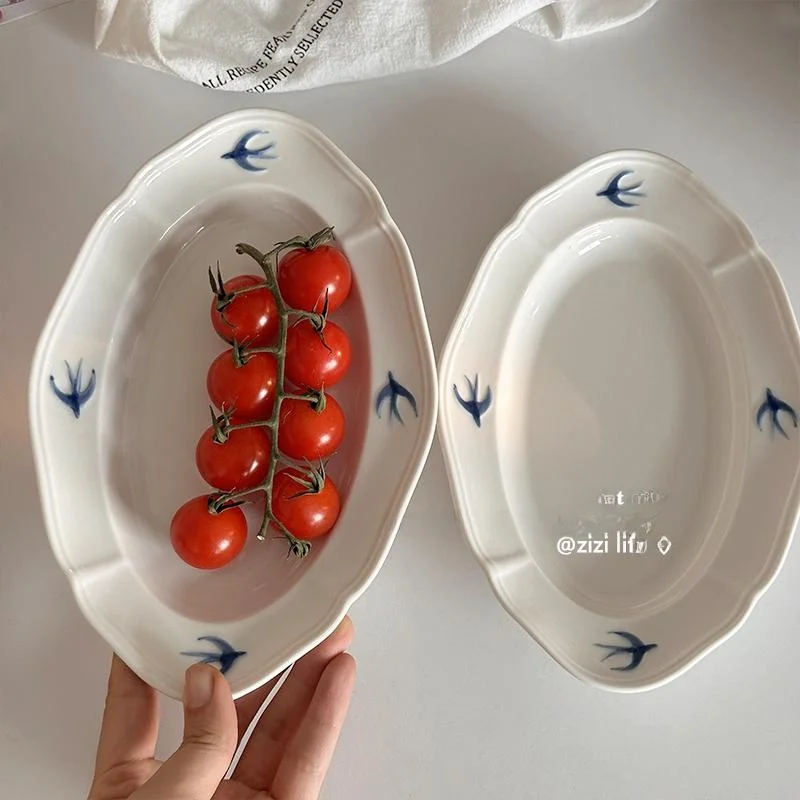 Japanese Style Hand-Painted Ceramic Plate Oval Salad Dessert Fish Dish High Aesthetic Value Relief Sculpture Swallow Motif Mu...